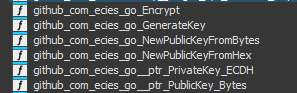A list of functions from a Go (Golang) package related to Elliptic Curve Integrated Encryption Scheme (ECIES).
