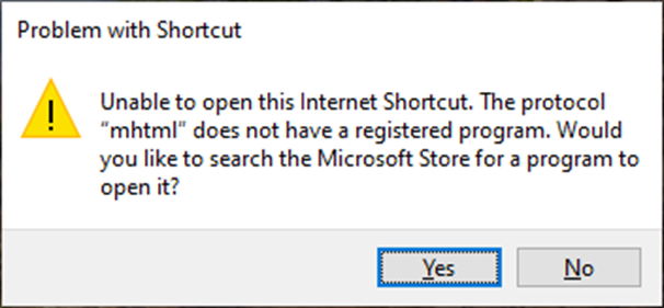 Figure 4. MHTML handler is no longer registered with Internet Explorer