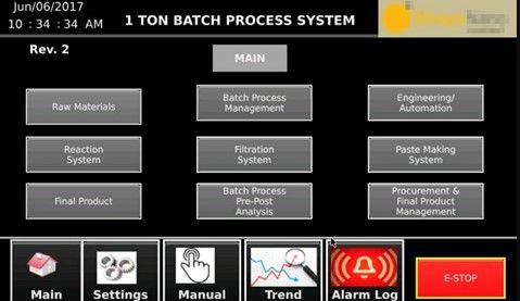 Exposed overview page displaying a batch process system and emergency stop (e-stop) option