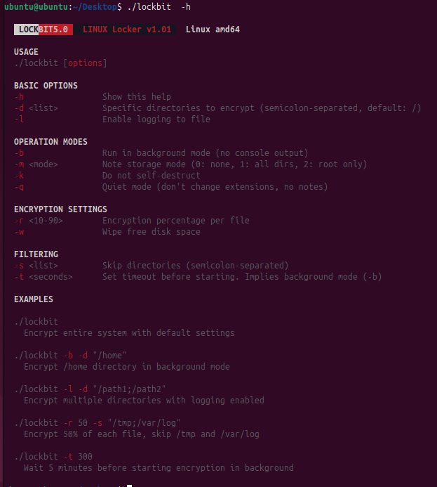 Figure 14. The LockBit 5.0 Linux version shows similar formatting of help options 
