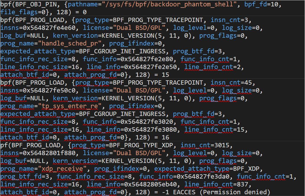 Figure 5. A list showing some calls from the TripleCross rootkit when it starts running