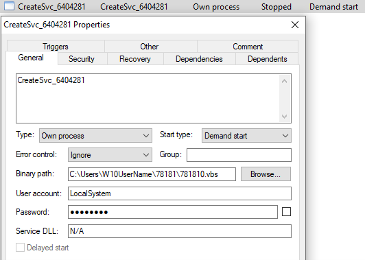 Figure 23. Service creation for VBScript execution