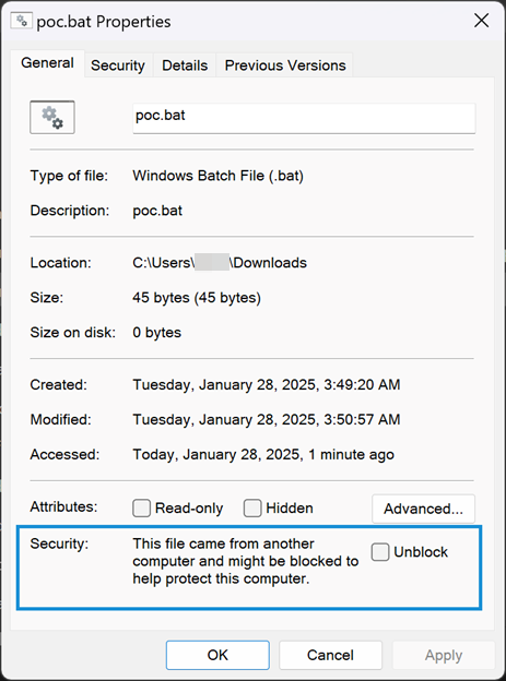Figure 2. The Properties view of a file containing a MoTW