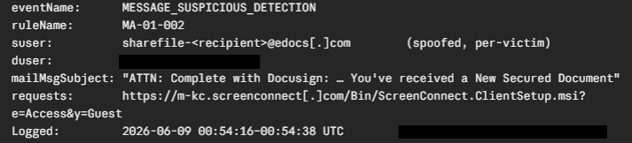 Figure 3. TrendAI Vision One™ Email Sensor detection - DocuSign/ShareFile lure linking to an attacker ScreenConnect instance (m-kc.screenconnect[.]com).
