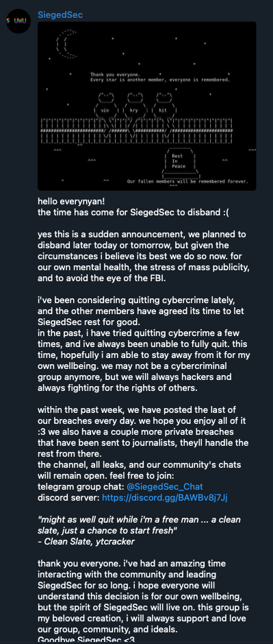 SiegedSec’s announcement of its disbandment