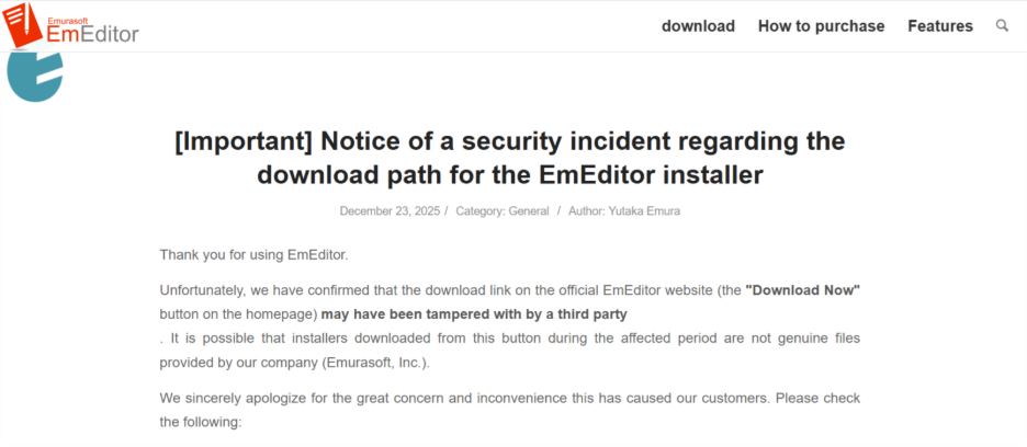 Figure 1. EmEditor posting an advisory regarding the compromise to their webpage