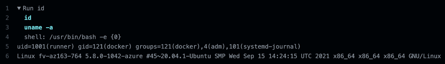 Output of the commands id and uname –a run inside a GHA Ubuntu runner