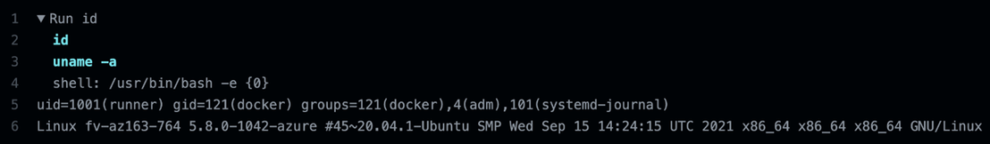 Output of the commands id and uname –a run inside a GHA Ubuntu runner
