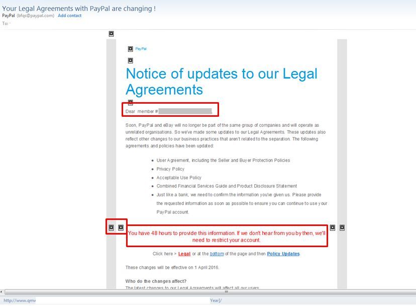 Figure 2: Comparison of a PayPal update message with its phishing counterpart