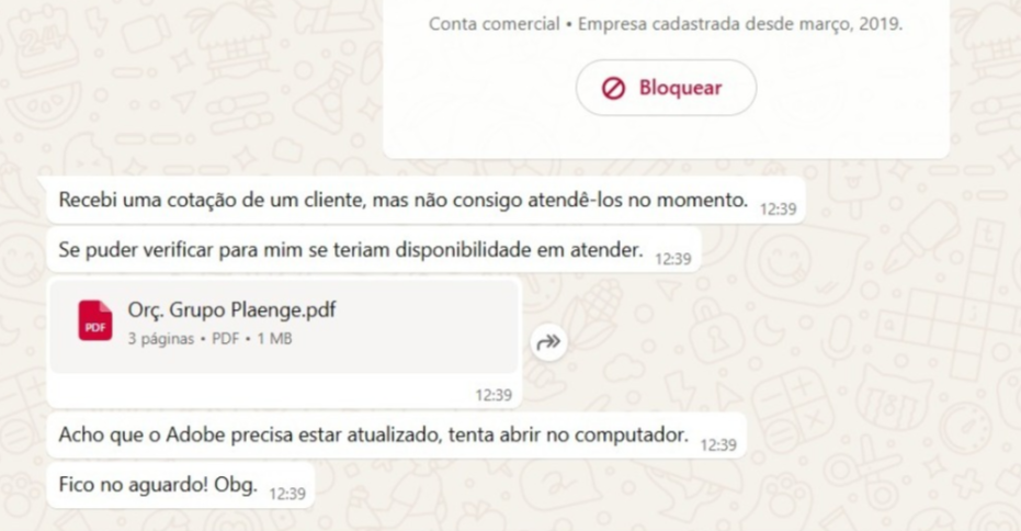 Figure 2. A WhatsApp message luring user to open the PDF file
