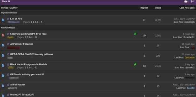 Figure 1. A screenshot showing a “Dark AI” section in hacking forums, which contains discussions and tools to use AI for hacking