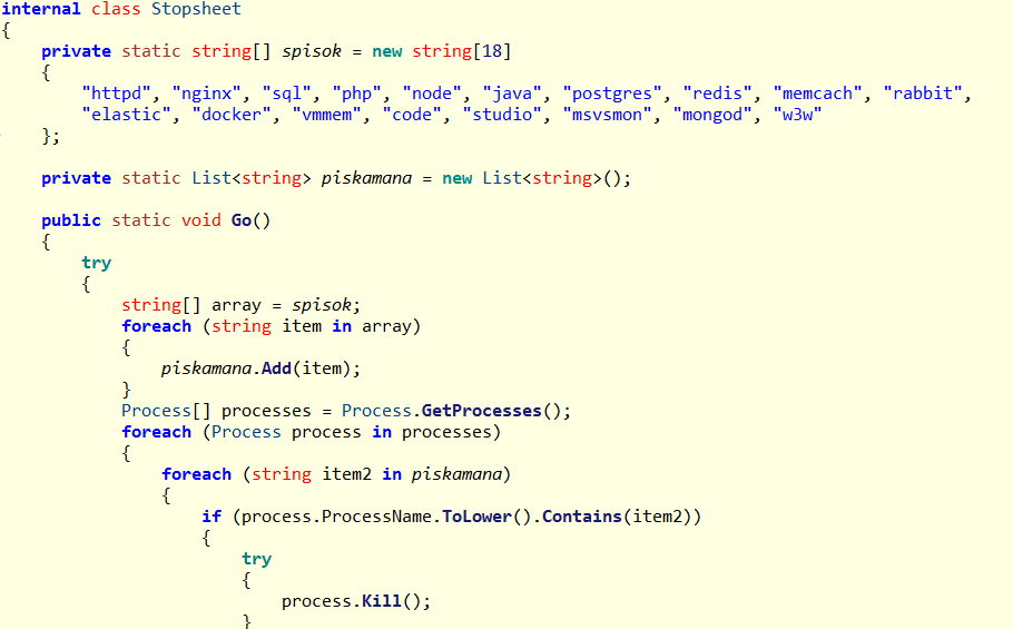 Figure 2. Termination of processes associated with web servers, databases, and other critical services