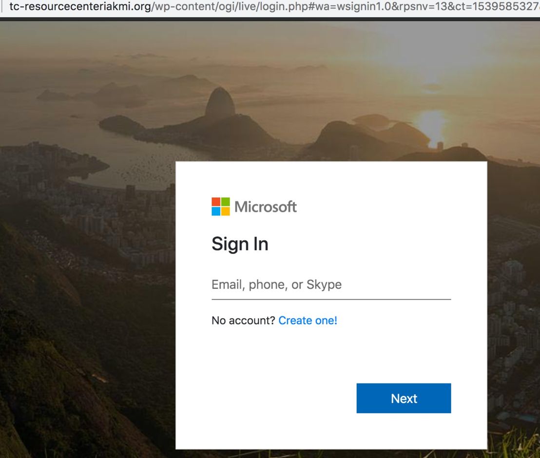 The fake Microsoft login page
