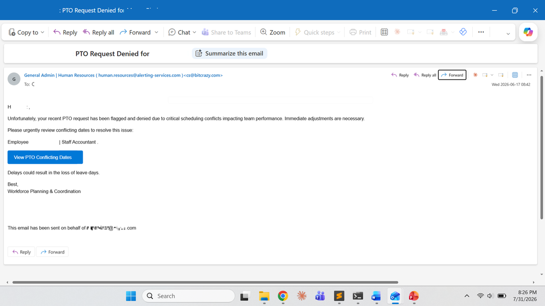 spear-phishing email delivered to the finance user