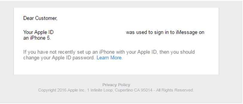 Figure 4: A fake Apple ID warning email