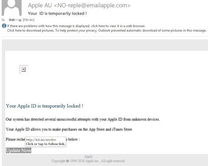 Figure 5. Screenshot of a Cloud App Security-flagged email that shows typographical errors, a fake Apple domain address, and text with an urgent tone