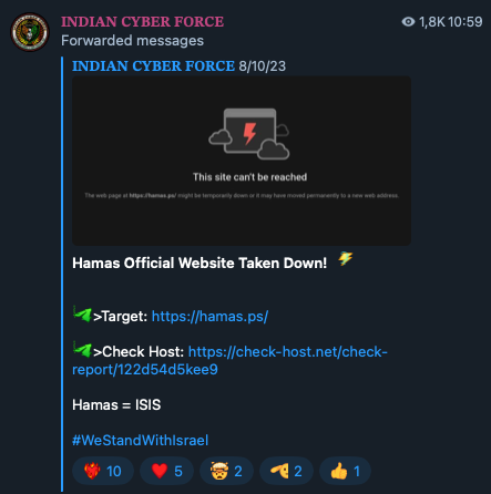 Indian Cyber Forces targetting a Hamas site with DDoS