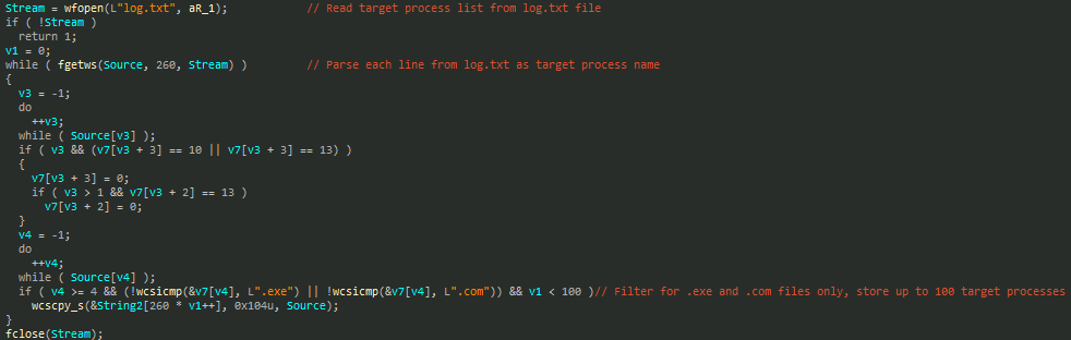 Function used to parse a file named log.txt looking for target processes to terminate