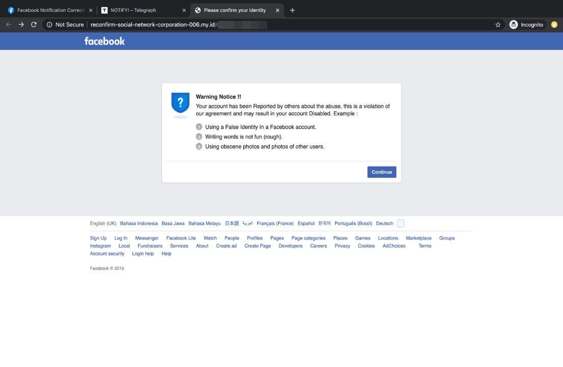 A fake Facebook warning