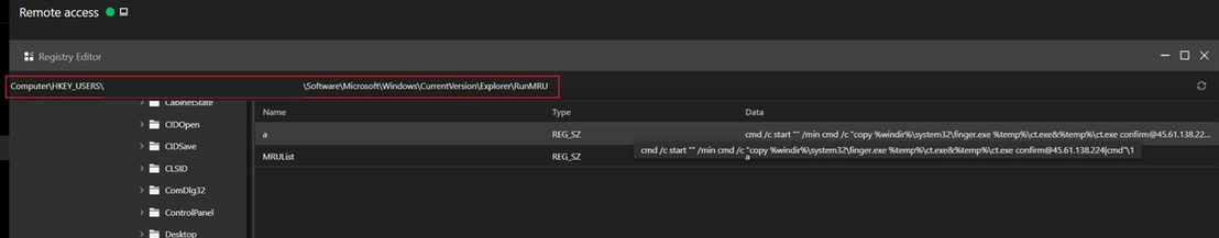 Figure 6. RunMRU registry artifacts identified via remote access investigation in TrendAI Vision One™