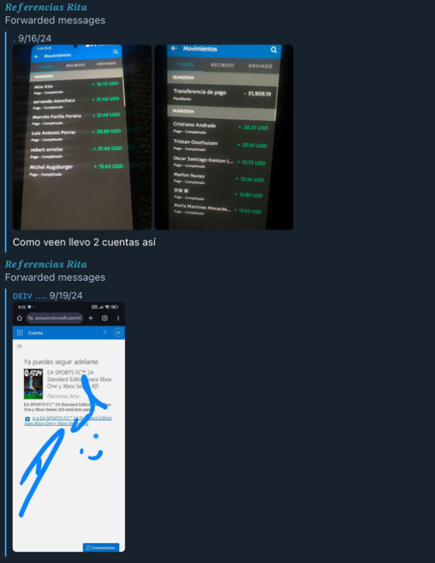 Figure 6. Screenshots showing “Rita Chk” positive feedback, taken from the ccsecretitos Telegram channel