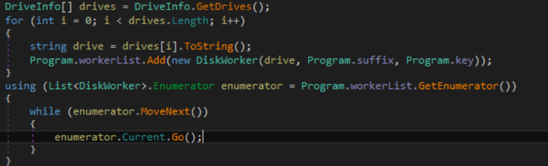 Figure 8. Code from the newer BERT variant, where it loops through all drives, creates a worker for each, and runs them one by one.