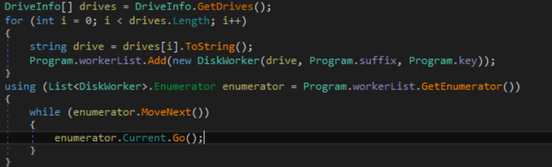 Figure 8. Code from the newer BERT variant, where it loops through all drives, creates a worker for each, and runs them one by one.