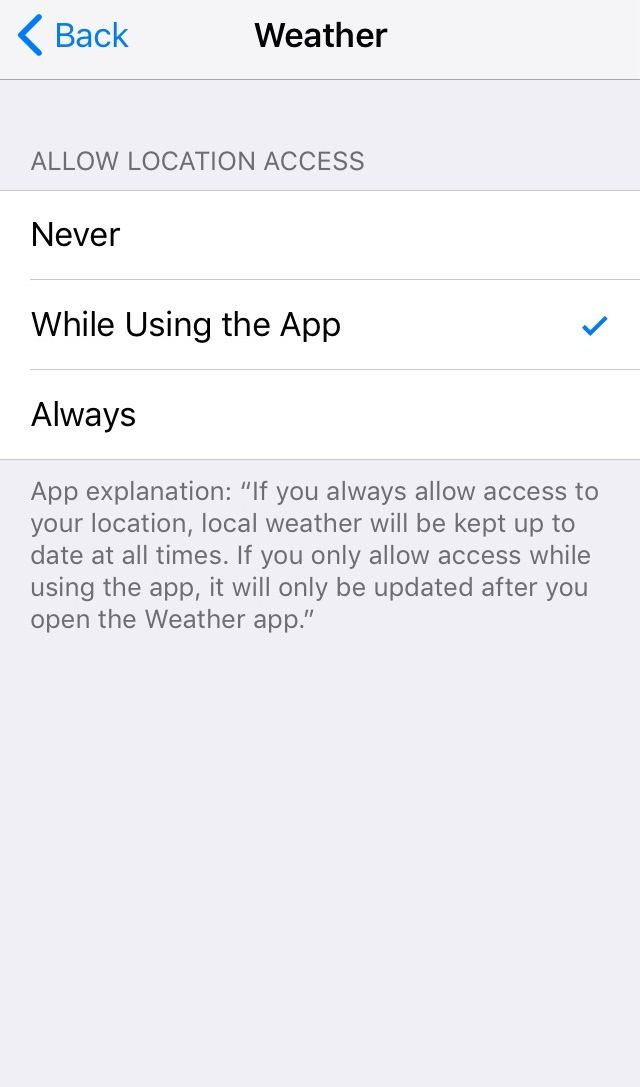 Figure 10. Screenshot of an app choosing ‘While Using the App’ for iOS location access