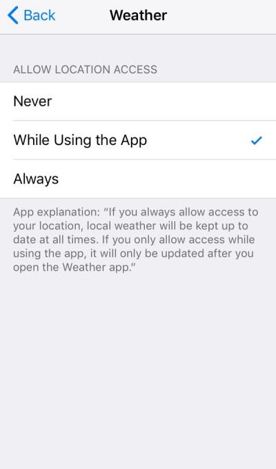 Figure 10. Screenshot of an app choosing ‘While Using the App’ for iOS location access