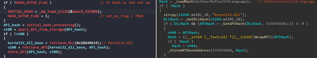 Figure 21. Dynamic API resolution of LockBit 4.0(left – screenshot from blog) and LockBit 5 (right) 