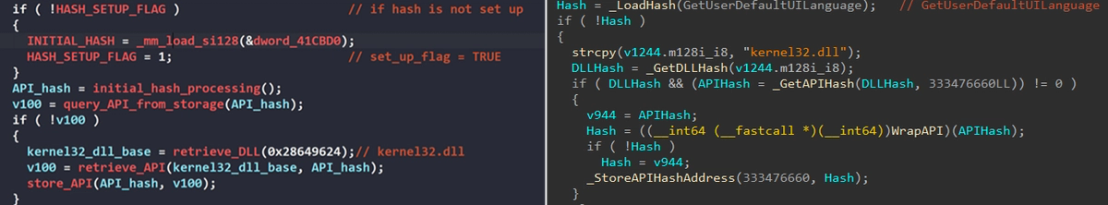 Figure 21. Dynamic API resolution of LockBit 4.0(left – screenshot from blog) and LockBit 5 (right) 