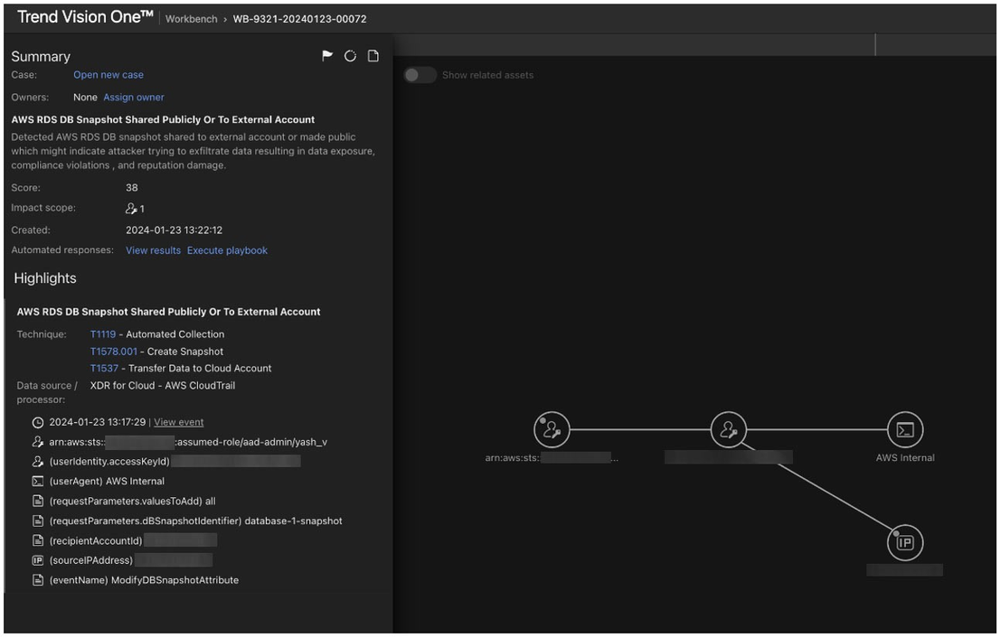 Figure 14. Vision One detecting when a snapshot of an AWS database is shared