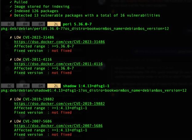 Trimmed results of the command: “docker scout cves debian:latest”