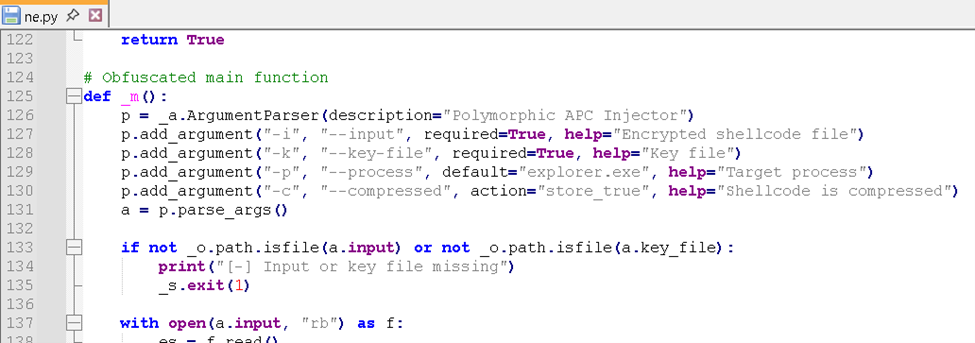 Figure 18. Obfuscated main function in ne.py handling argument parsing for a polymorphic APC injector.